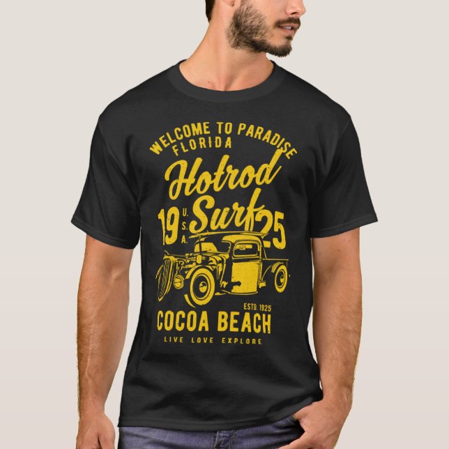Camiseta Cocoa Beach Florida Retro Hotrod Surf Distressed   (Frente)
