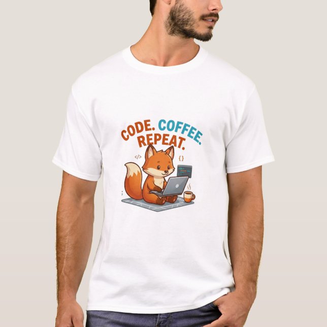 Camiseta Code Coffee Repeat | Programador Raposa F (Frente)