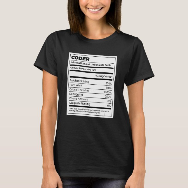 Camiseta Coder Nutritional Facts Coder Programer Computador (Frente)