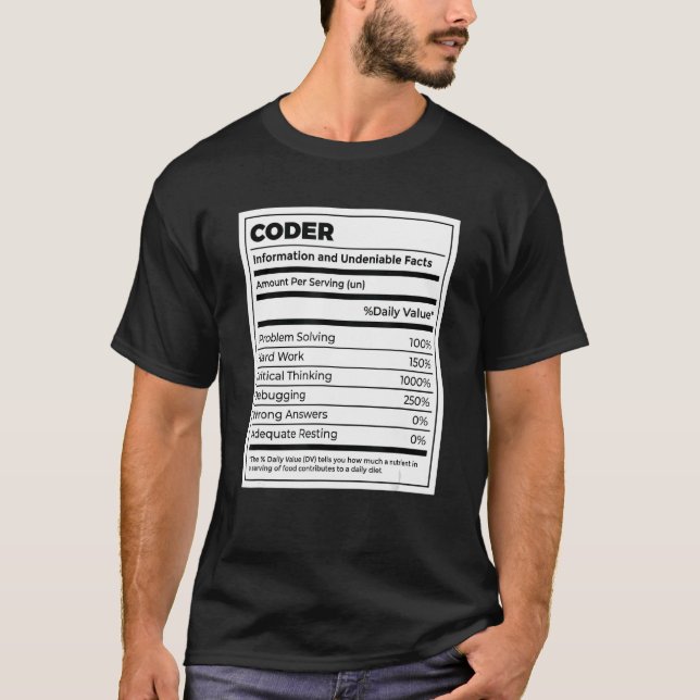 Camiseta Coder Nutritional Facts Coder Programer Computador (Frente)