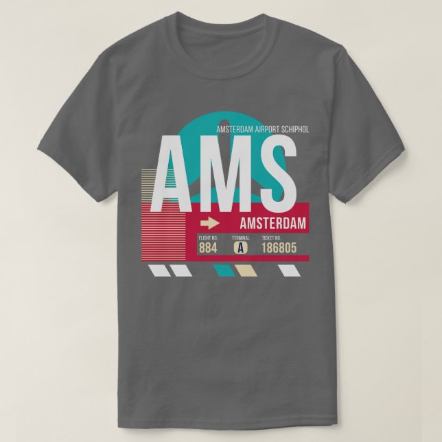 Camiseta Código de Bagagem do Aeroporto AMS de Amesterdã 3 (Frente do Design)