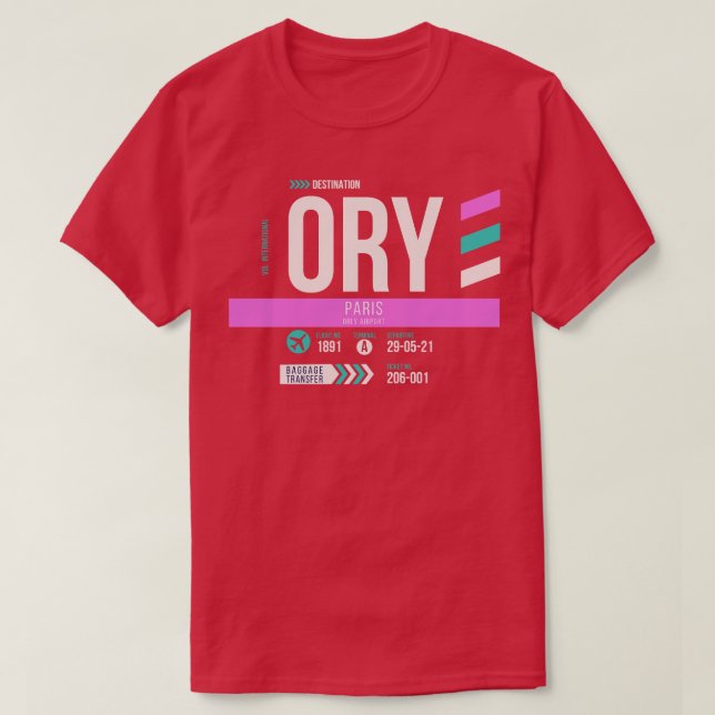 Camiseta Código de Bagagem do Aeroporto de Paris ORY 1 (Frente do Design)