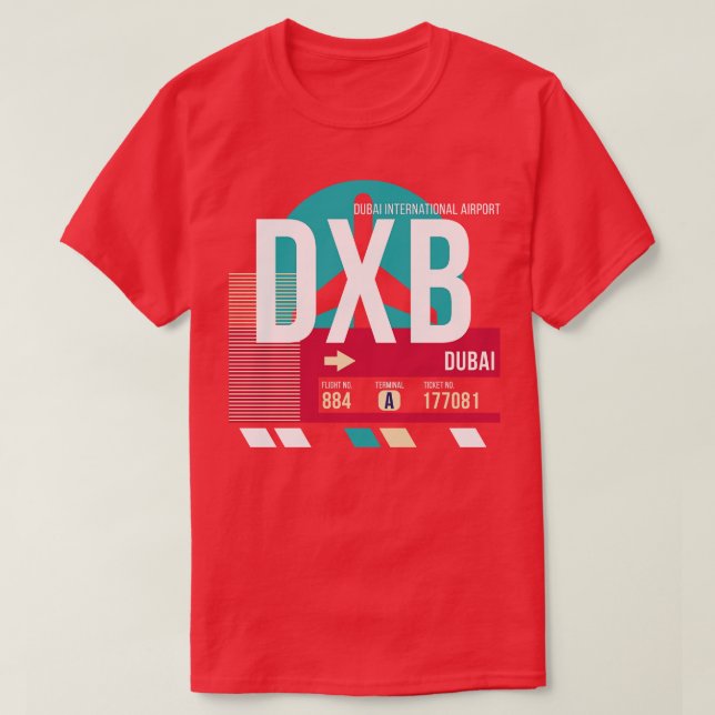 Camiseta Código de Bagagem E do Aeroporto DXB de Dubai (Frente do Design)