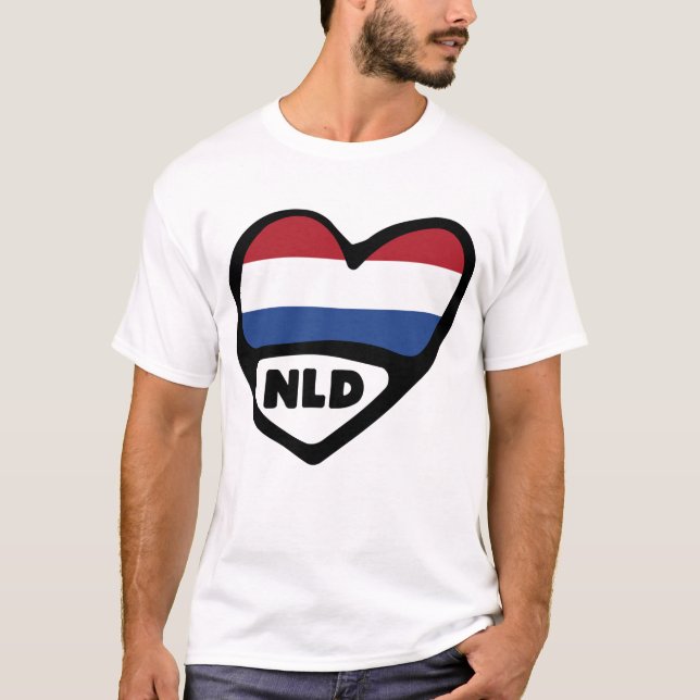 Camiseta Código do País Holandês Flag Heart, NLD (Frente)