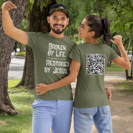 Camiseta Código QR da Escritura Quebrada pela Vida Restaura