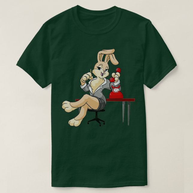 Camiseta Coelhinha como secretária com telefone e lápis (Frente do Design)