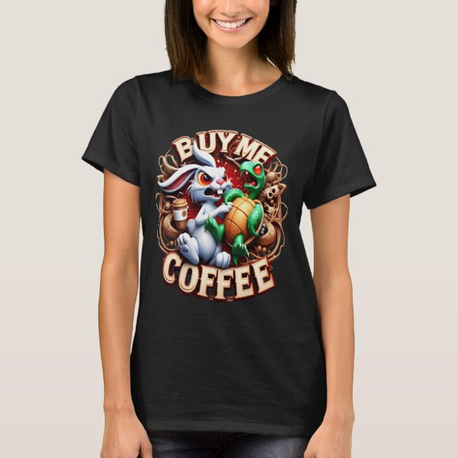 Camiseta Coelhinha e Tartaruga com Comprar de café (Frente)