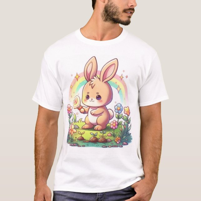 Camiseta Coelhinho Bonito com Camisa-Arco-Íris (Frente)