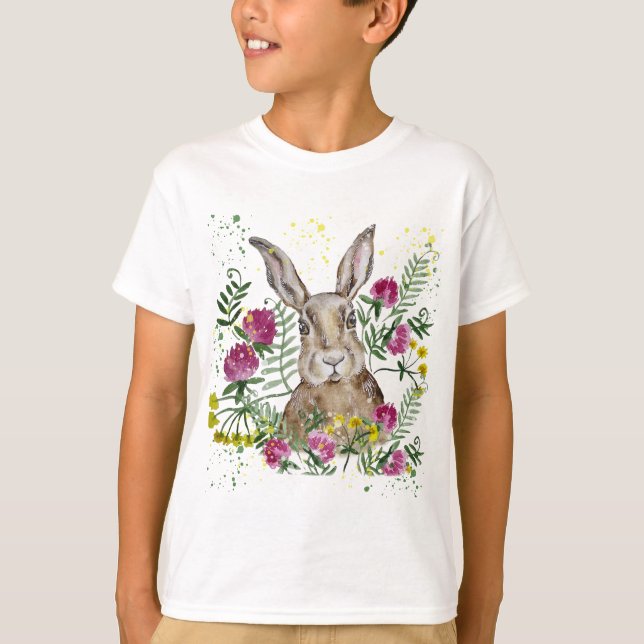Camiseta Coelhinho bonito em flores aquáticas (Frente)