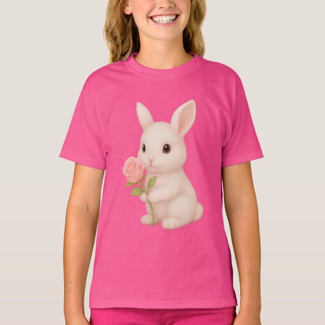 Camiseta Coelhinho Bonito Segurando Camisa-T De Meninas Flo (Frente)