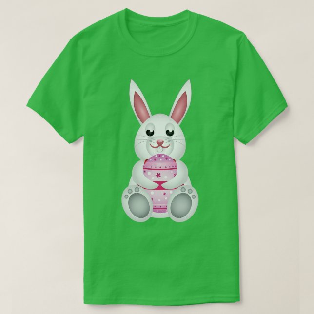 Camiseta Coelhinho branco com ovo rosa de Páscoa (Frente do Design)