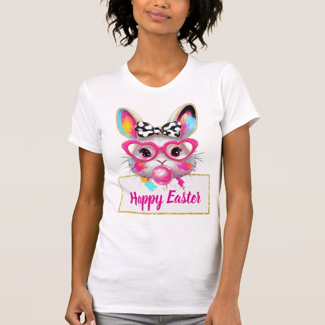 Camiseta Coelhinho da Páscoa Fofo de Óculos de Coração Rosa (Frente)
