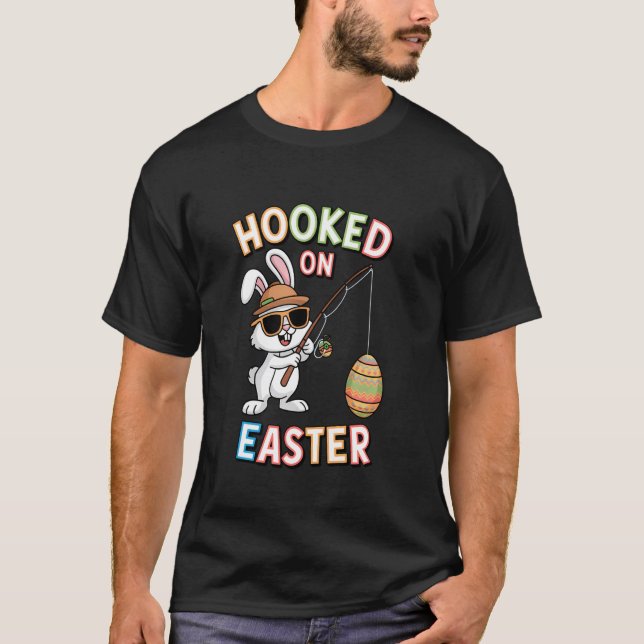 Camiseta Coelhinho da Páscoa Fofo Pescando ovos Feriado Div (Frente)