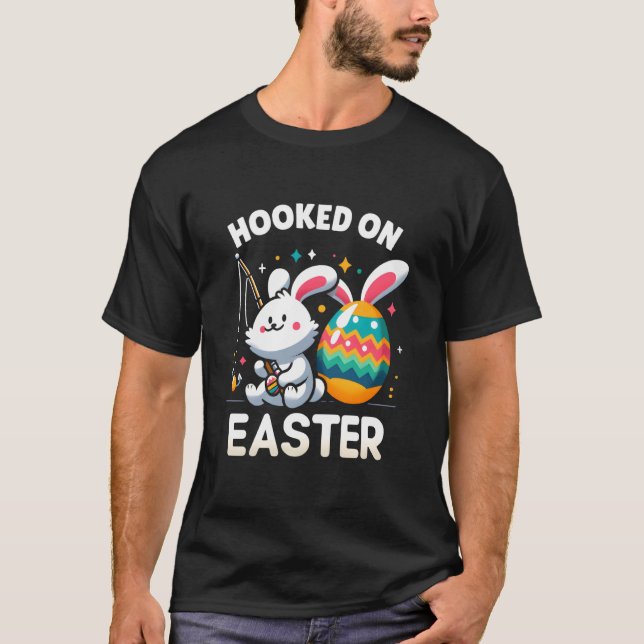 Camiseta Coelhinho da Páscoa Fofo Pescando Ovos Feriado Div (Frente)