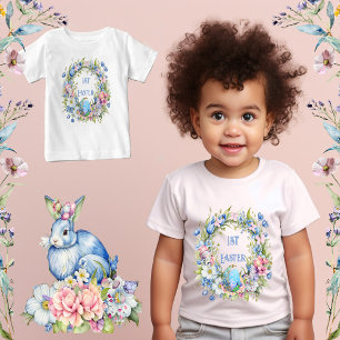 Camiseta Coelhinho de Grinalda Floral Azul com Flores Rosa