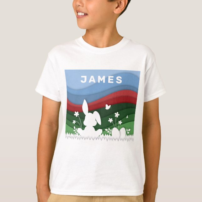 Camiseta Coelhinho de Páscoa e cartoon de papel de caça a o (Frente)