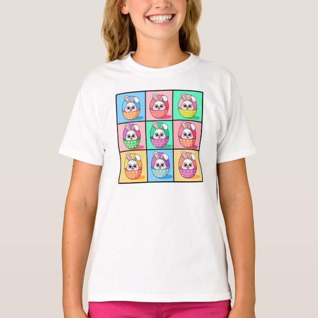 Camiseta Coelhinho de Páscoa e Ovos de Páscoa de pop Art (Frente)