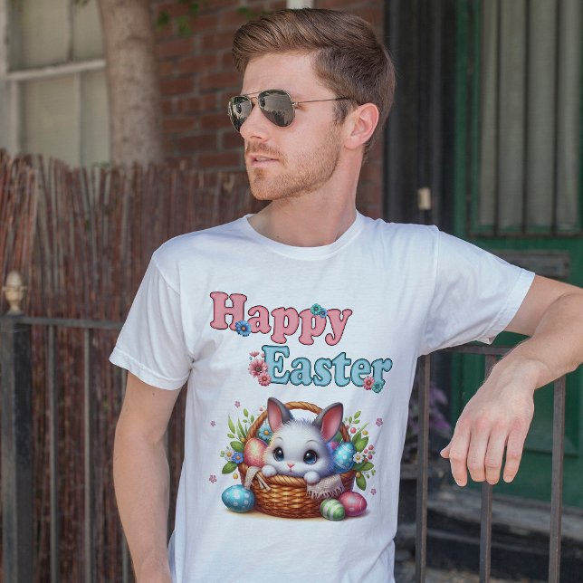 Camiseta Coelhinho de Páscoa giro em cesto com ovos e flore (Cute Easter Bunny in Basket with Eggs and Flowers. Men Basic White T-Shirt)