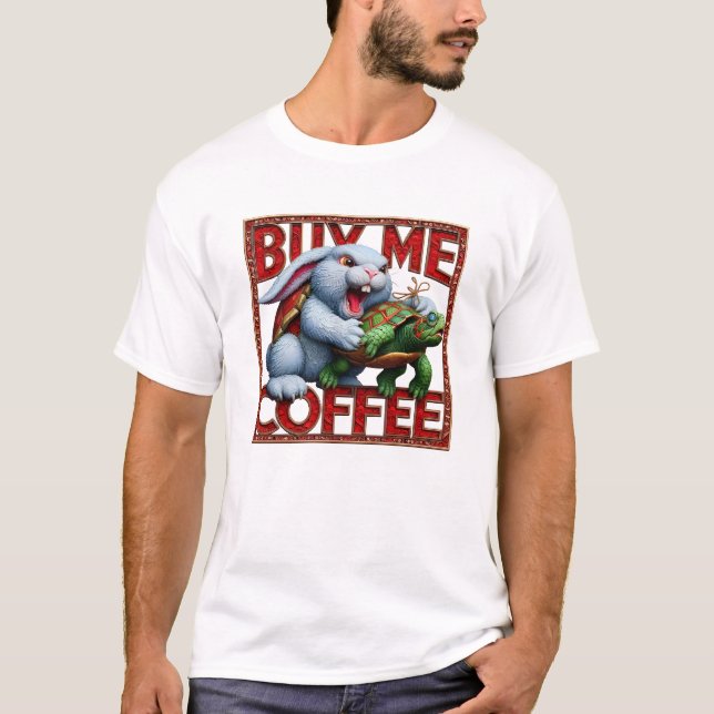 Camiseta Coelhinho e Tartaruga: Me Comprar Um Café (Frente)
