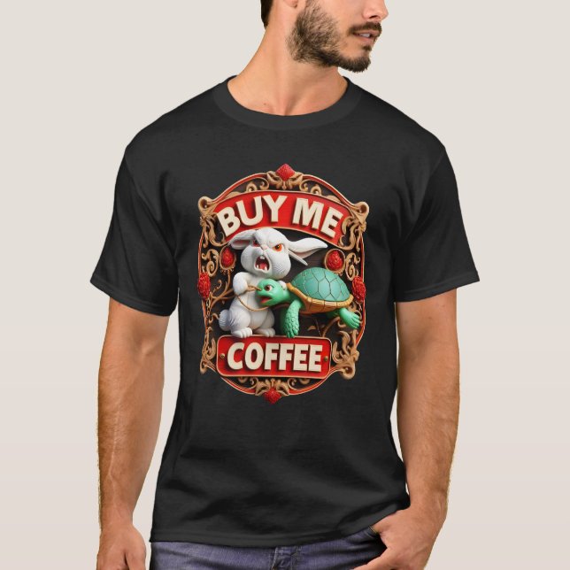 Camiseta Coelhinho e Tartaruga Quest Me Comprar Café (Frente)