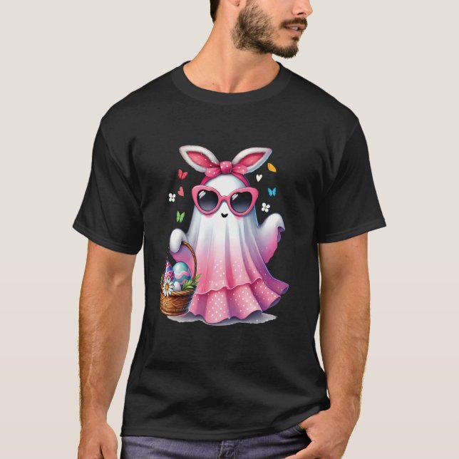 Camiseta Coelhinho Fantasma de Páscoa Orelhas Arco Floral F (Frente)