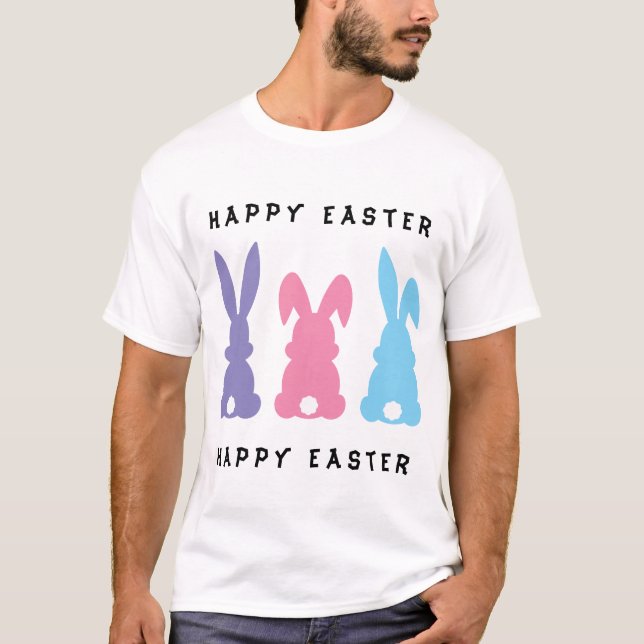 Camiseta Coelhinhos de Páscoa Coloridos Felizes (Frente)