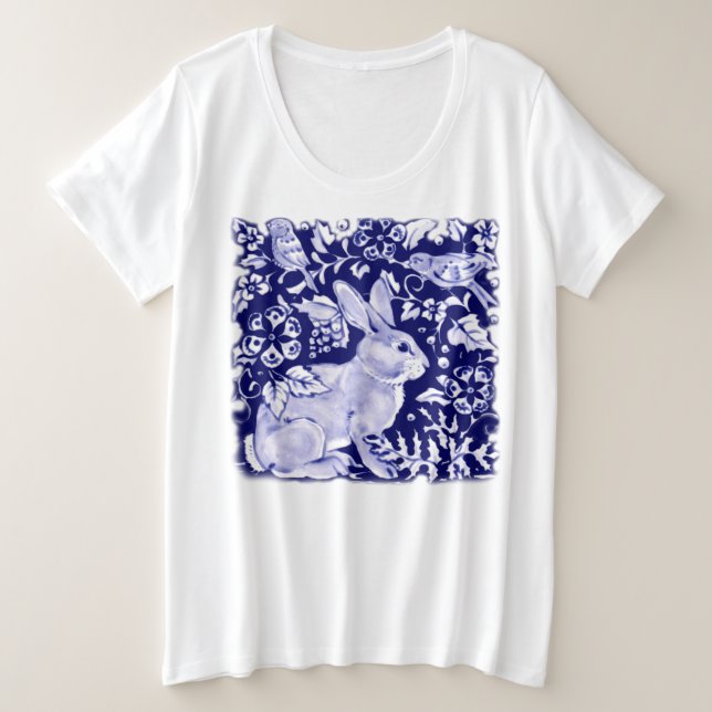 Camiseta Coelho Azul Escuro-Cinto Pássaro Florestal Único (Frente do Design)