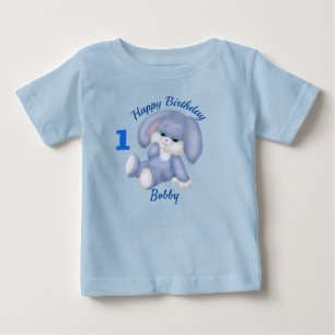 Camiseta Coelho Azul Meninos 1º Aniversário Nome Idade Pers