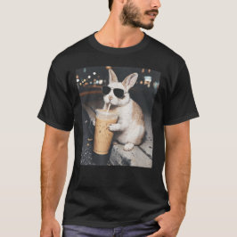 Camiseta Coelho Bebendo Café Gelado Bunny Páscoa Divertido