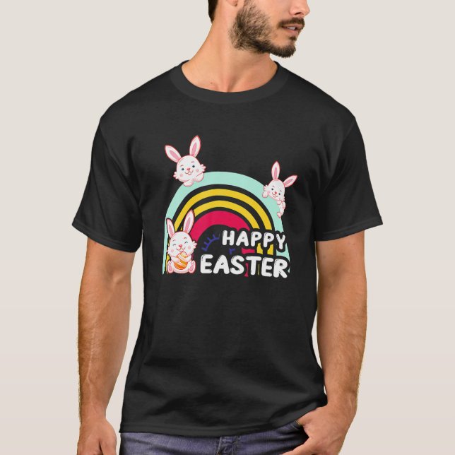 Camiseta Coelho Bonito Arco-Íris Páscoa Ovos Felz pascoa Co (Frente)