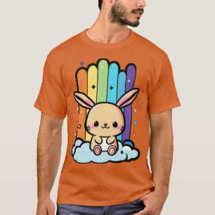 Camiseta Coelho Bonito em uma Nuvem Arco-Íris Colorida Kawa