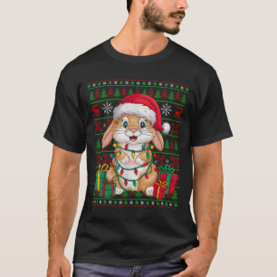Camiseta Coelho Bunny Luzes de Natal Chapéu Feio do Papai N