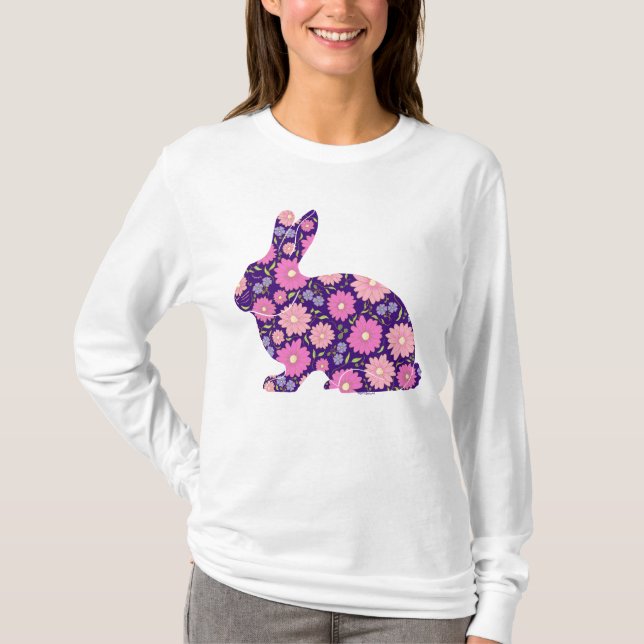 Camiseta Coelho bunny retrô rosa e flores (Frente)
