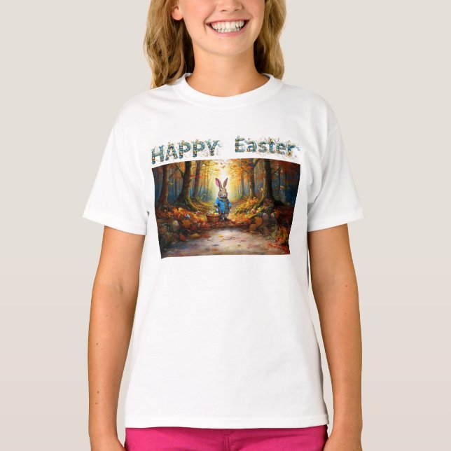 Camiseta Coelho clássico da Páscoa com cesto de ovos de Pás (Frente)