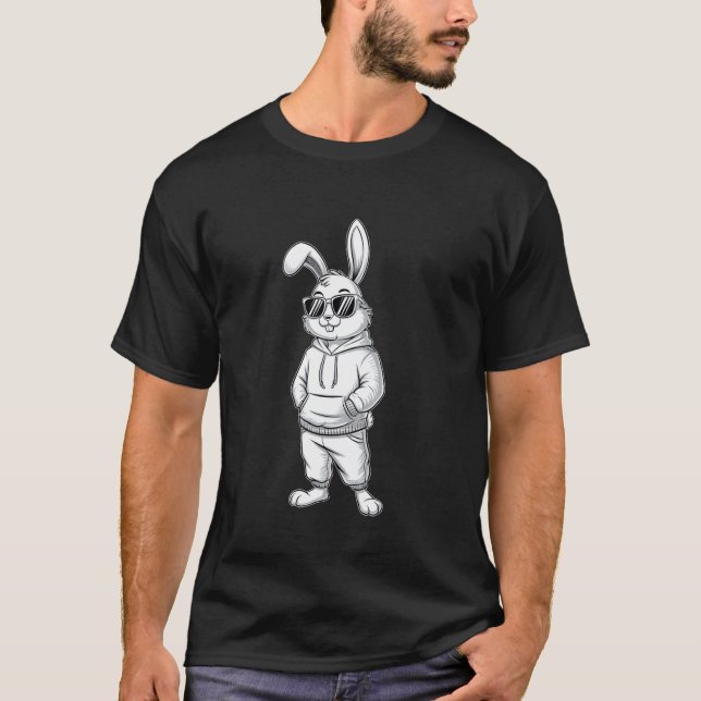 Camiseta Coelho Com Óculos De Sol E Capuz Feliz Dia De Pásc (Frente)