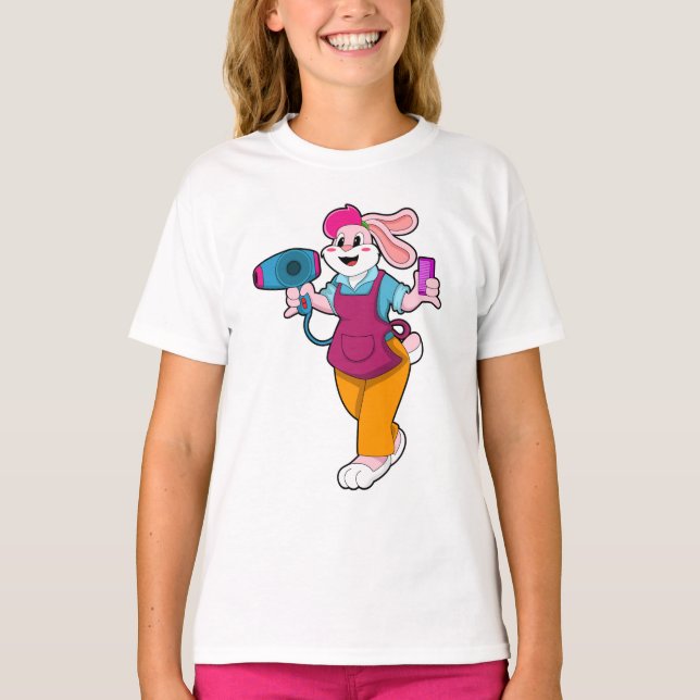 Camiseta Coelho como cabeleireiro com secador de cabelo e C (Frente)