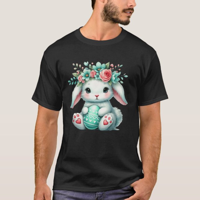 Camiseta Coelho da Páscoa Com Coroa de Flores Meninas Mulhe (Frente)