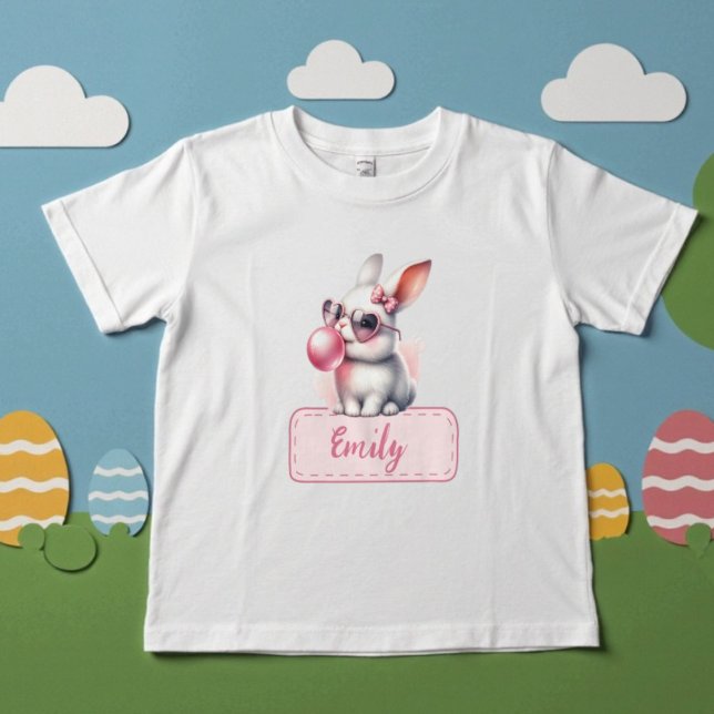 Camiseta Coelho da Páscoa com Nome Personalizado Bubblegum  (Personalized Name Easter Bunny Pink Bubblegum Toddler T-shirt)