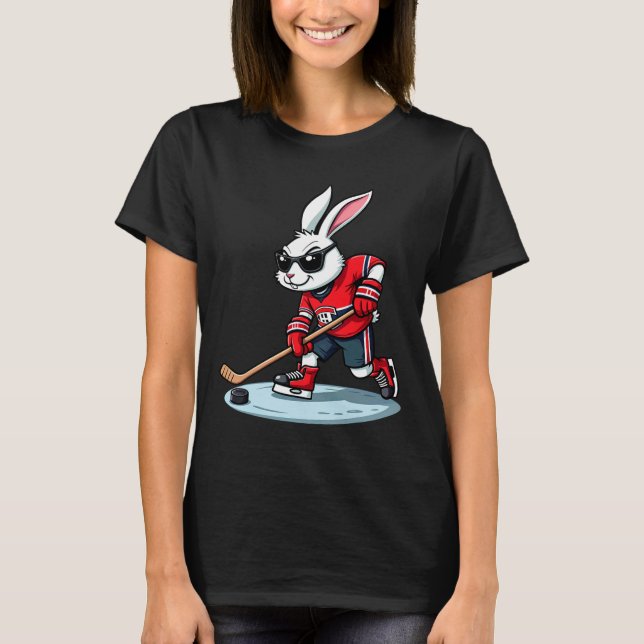 Camiseta Coelho da Páscoa Jogando Hóquei no Gelo (Frente)