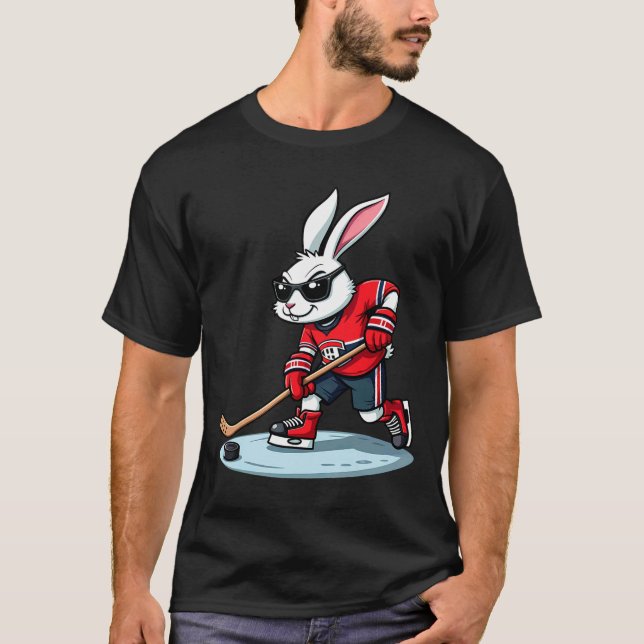 Camiseta Coelho da Páscoa Jogando Hóquei no Gelo (Frente)