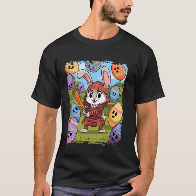 Camiseta Coelho da Páscoa Samurai Guerreiro com Espada de C (Frente)