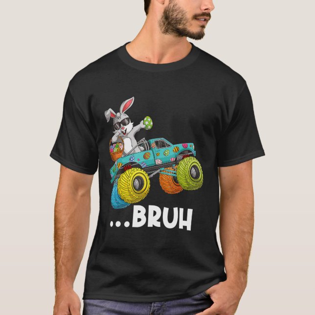 Camiseta Coelho Dabbing Bruh Feliz Páscoa Caminhão Monstro  (Frente)