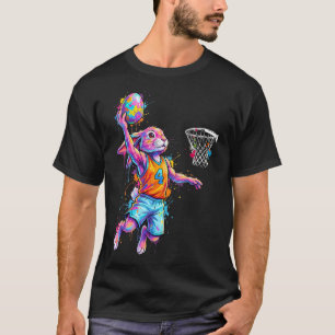 Camiseta Coelho de Basquetebol Páscoa Cartoon Coelho Colori