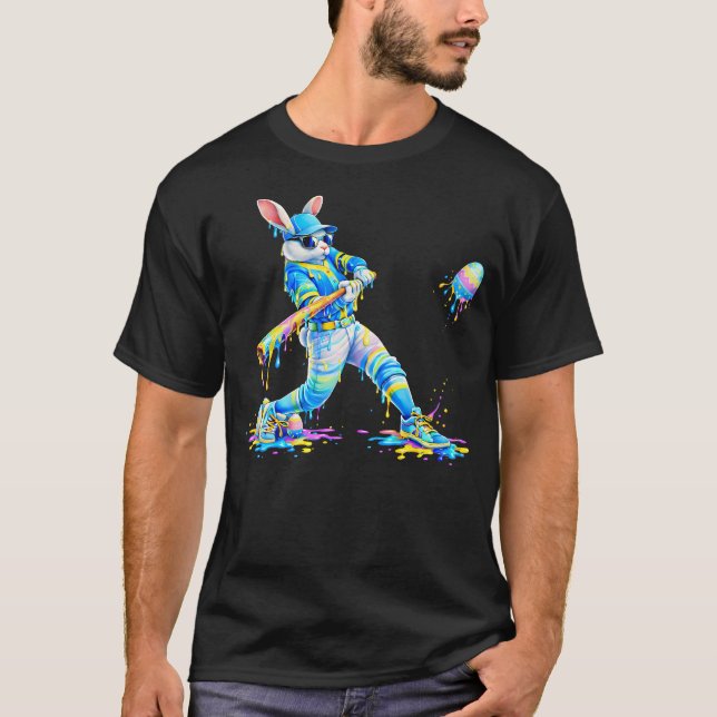 Camiseta Coelho de Beisebol com Tinta Pingando Easter Bunny (Frente)
