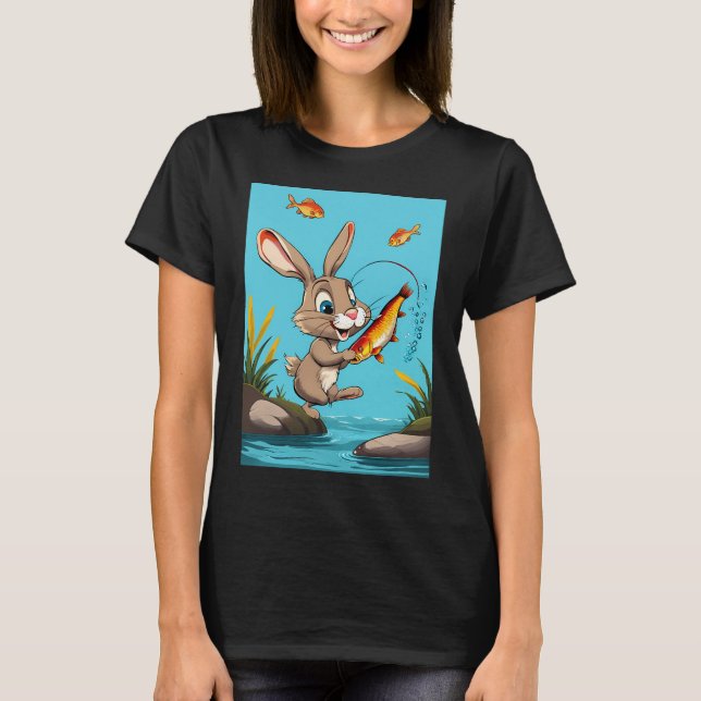 Camiseta coelho de desenho animado pegando peixe (Frente)