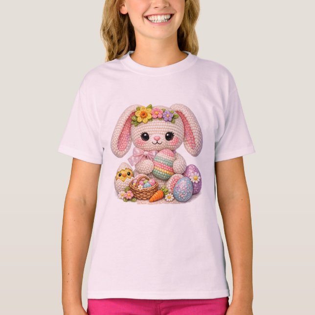 Camiseta Coelho de Páscoa Adorável com Pintinho e Ovos de P (Frente)
