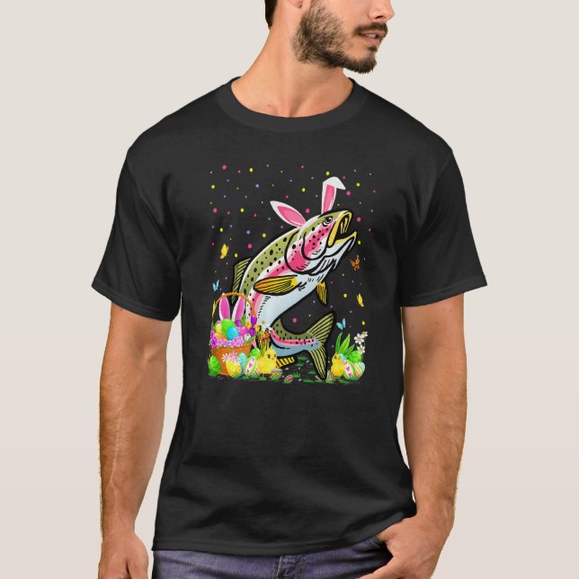 Camiseta Coelho de Páscoa Caça a Ovos Truta Arco-íris Peixe (Frente)