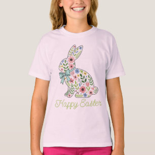 Camiseta Coelho de Páscoa com Flores Silvestres Rosa e Azul