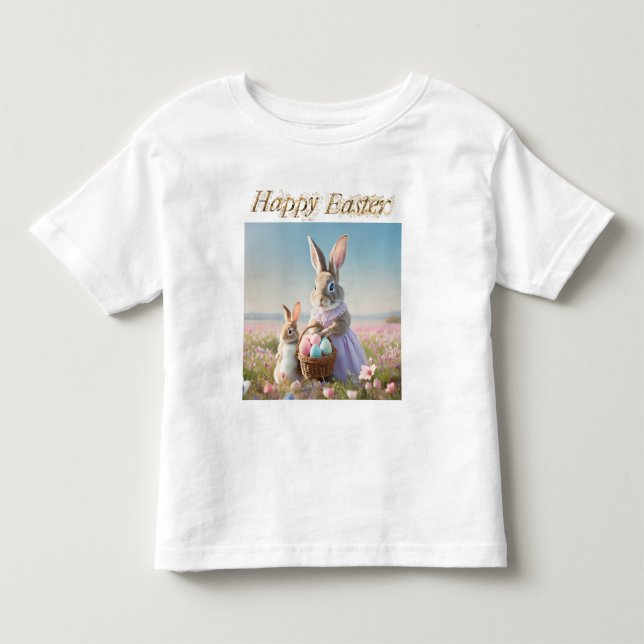 Camiseta coelho de Páscoa com Ovos da Páscoa Feliz Páscoa (Frente)