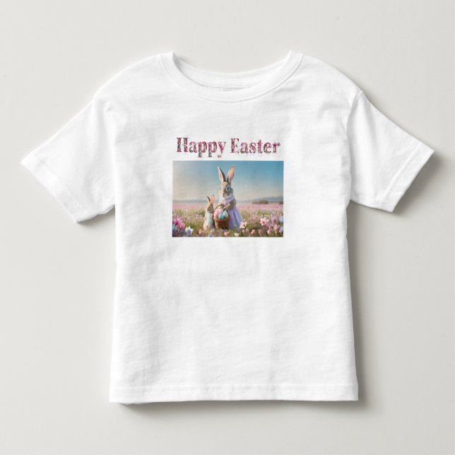 Camiseta coelho de Páscoa com Ovos da Páscoa Feliz Páscoa (Frente)